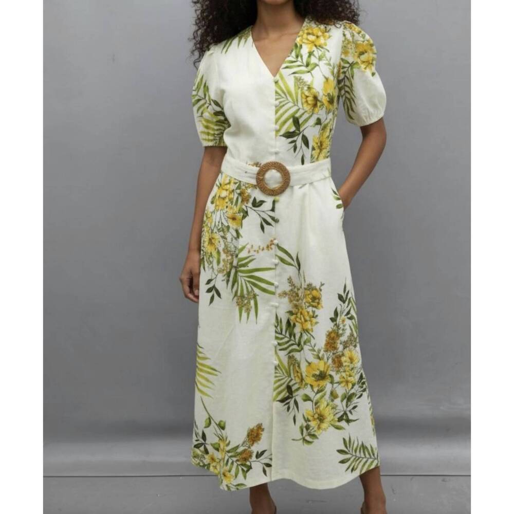 NEW ZOE AND CLAIRE structured floral printed linen dress in green multi